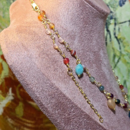Blue Amazonite And Sun Stone Necklace, Multi-Gemstone Necklace, 14k Gold Plated Necklace, Layering Necklace, Natural Gemstone Jewelry