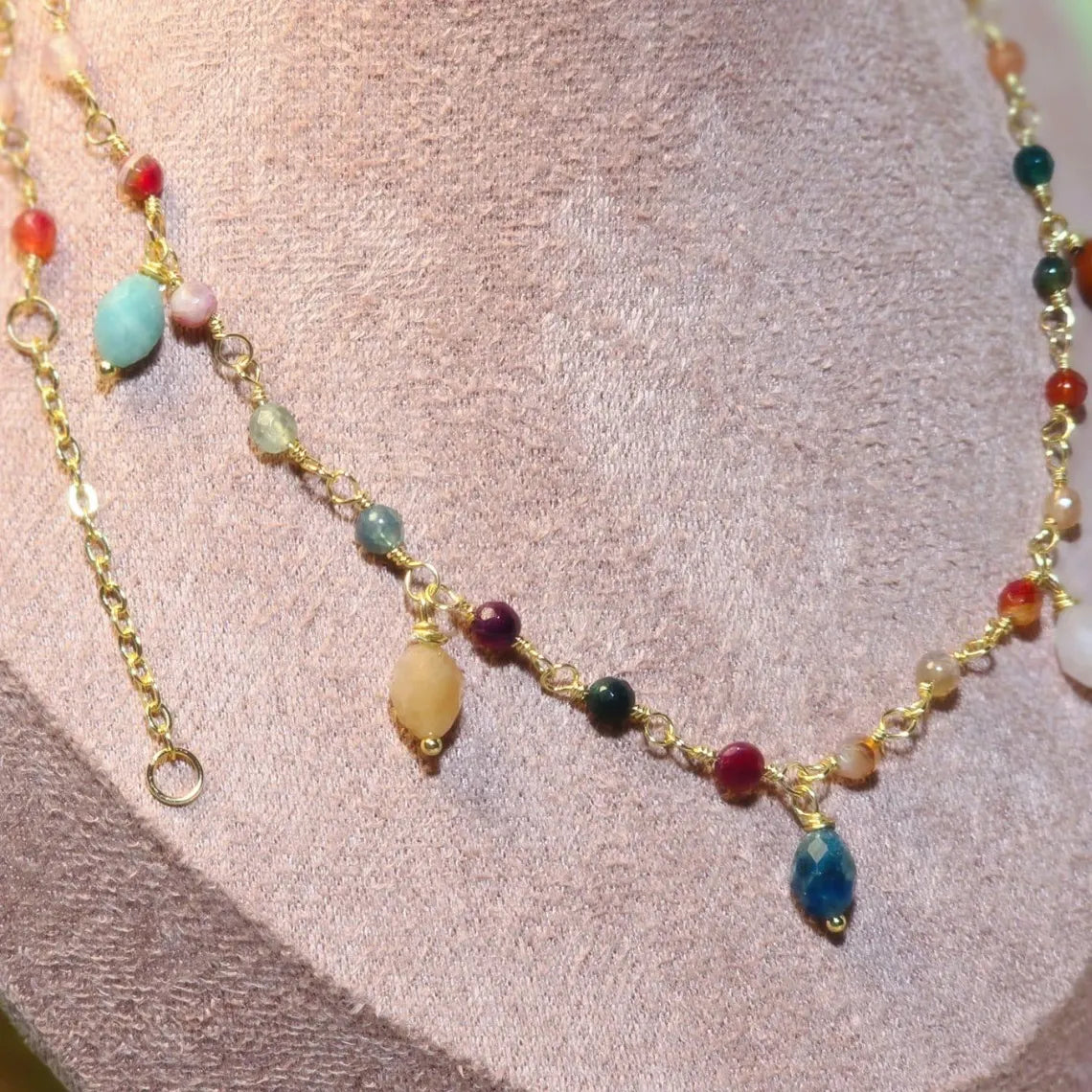 Blue Amazonite And Sun Stone Necklace, Multi-Gemstone Necklace, 14k Gold Plated Necklace, Layering Necklace, Natural Gemstone Jewelry