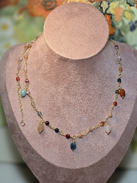 Blue Amazonite And Sun Stone Necklace, Multi-Gemstone Necklace, 14k Gold Plated Necklace, Layering Necklace, Natural Gemstone Jewelry