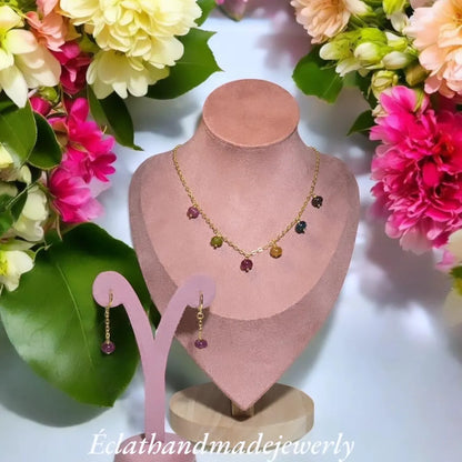 Tourmaline Necklace, Gemstone Jewelry Set, 14k Gold Plated Necklace, Layering Necklace, Natural Gemstone Earrings