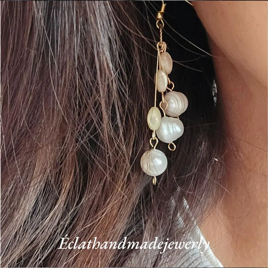Freshwater Pearl Dangle Earrings, White Mother of Pearl Waterfall Earrings, Gemstone Earrings, Bridal Earrings, Wedding Earrings for Her