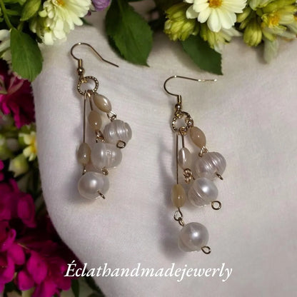 Freshwater Pearl Dangle Earrings, White Mother of Pearl Waterfall Earrings, Gemstone Earrings, Bridal Earrings, Wedding Earrings for Her