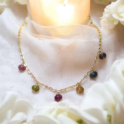 Tourmaline Necklace, Gemstone Jewelry Set, 14k Gold Plated Necklace, Layering Necklace, Natural Gemstone Earrings