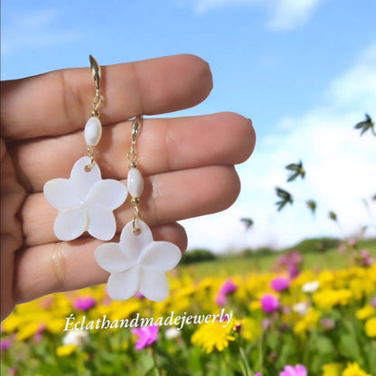 Natural Freshwater Pearl Earrings, Pearl Dangle Earrings, Real Pearl Earrings, 14k Gold Plated Earrings, Bridal Earrings, Shell White Petal