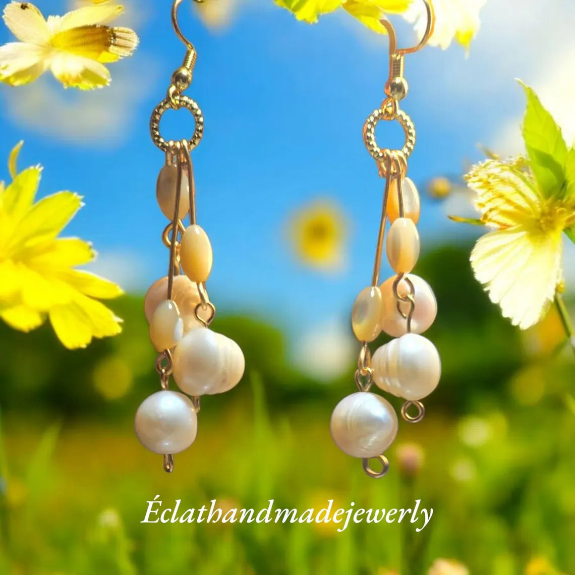 Freshwater Pearl Dangle Earrings, White Mother of Pearl Waterfall Earrings, Gemstone Earrings, Bridal Earrings, Wedding Earrings for Her