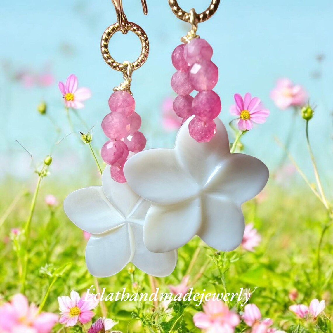 Natural Freshwater Pearl Earrings, Rose Quartz Earrings, Real Pearl Earrings, 14k Gold Plated Earrings, Bridal Earrings, Shell White Petal