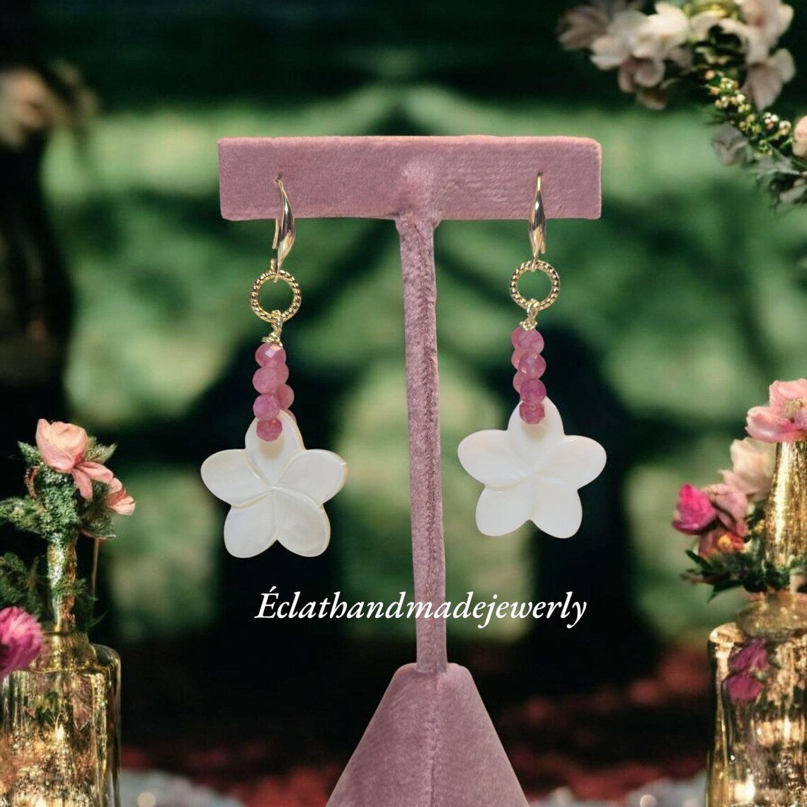 Natural Freshwater Pearl Earrings, Rose Quartz Earrings, Real Pearl Earrings, 14k Gold Plated Earrings, Bridal Earrings, Shell White Petal