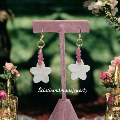 Natural Freshwater Pearl Earrings, Rose Quartz Earrings, Real Pearl Earrings, 14k Gold Plated Earrings, Bridal Earrings, Shell White Petal