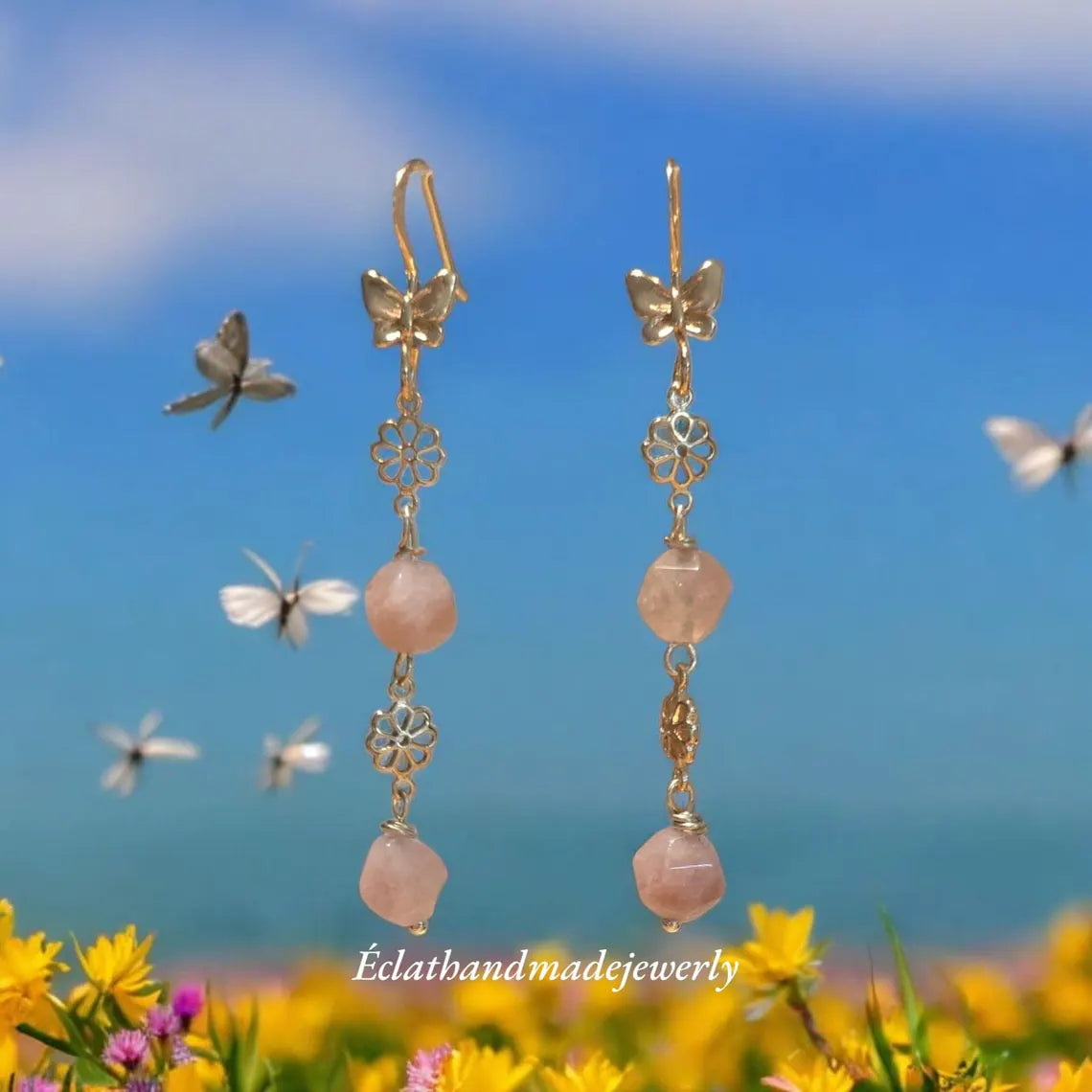 Sunstone Dangle Earrings, Gold Plated Handcrafted Floral Earrings, Beige Earrings, Butterfly Earrings, Birthday Gifts for Her