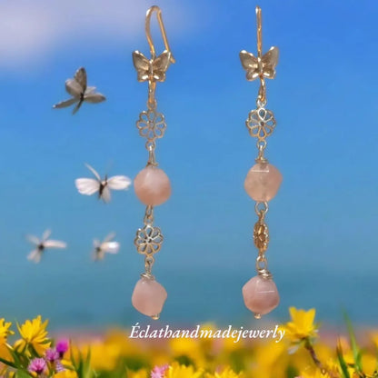 Sunstone Dangle Earrings, Gold Plated Handcrafted Floral Earrings, Beige Earrings, Butterfly Earrings, Birthday Gifts for Her
