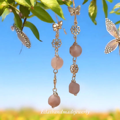 Sunstone Dangle Earrings, Gold Plated Handcrafted Floral Earrings, Beige Earrings, Butterfly Earrings, Birthday Gifts for Her