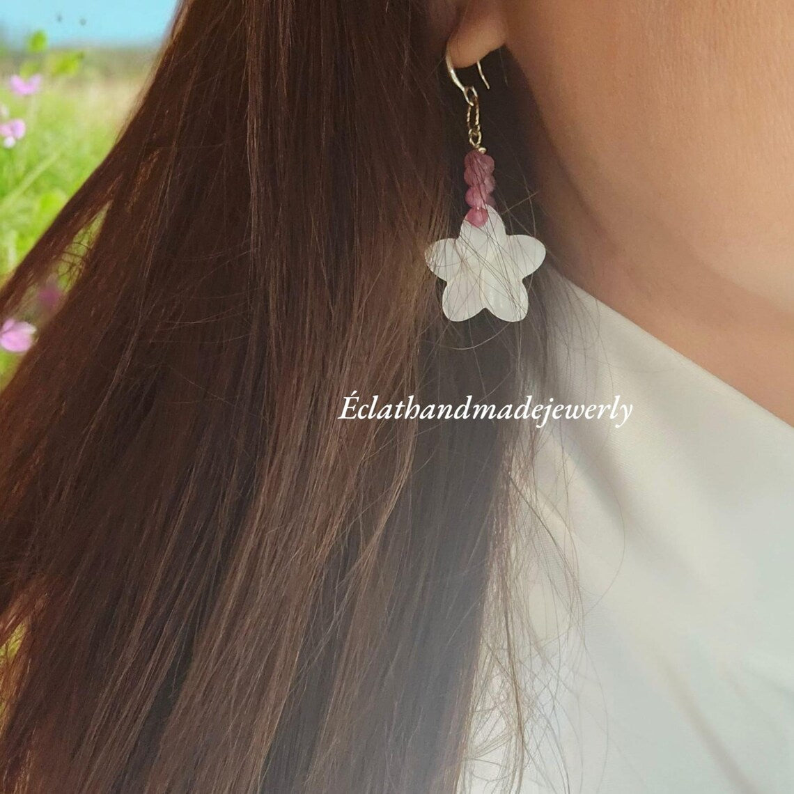 Natural Freshwater Pearl Earrings, Rose Quartz Earrings, Real Pearl Earrings, 14k Gold Plated Earrings, Bridal Earrings, Shell White Petal