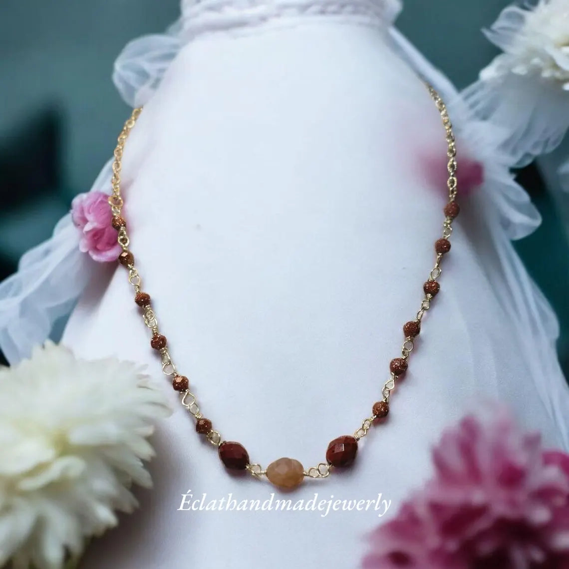 Sunstone Gemstone Necklace, Multi-Gemstone Necklace, 14k Gold Plated Necklace, Charm Necklace, Layering Necklace, Unique Gemstone Jewelry