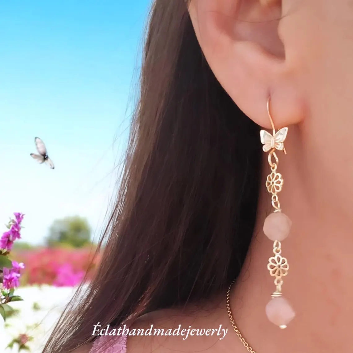 Sunstone Dangle Earrings, Gold Plated Handcrafted Floral Earrings, Beige Earrings, Butterfly Earrings, Birthday Gifts for Her