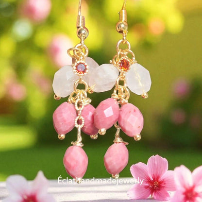 Pink Rose Quartz Earrings, Gemstone Earrings, Boho Shiny Earrings, 14k Gold, Bridal Earrings