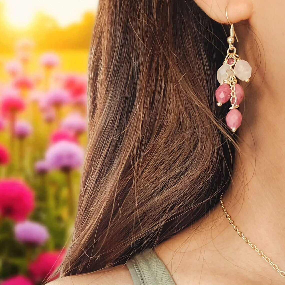 Pink Rose Quartz Earrings, Gemstone Earrings, Boho Shiny Earrings, 14k Gold, Bridal Earrings