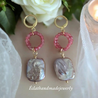 Natural Freshwater Pearl and Mother of Pearl Earrings, Pink Tourmaline Earrings, Gemstone Earrings, Bridal Earrings, Earrings for Women