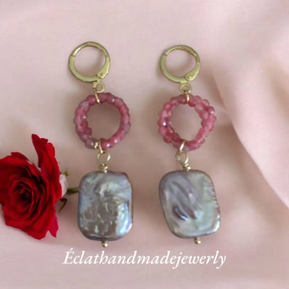 Natural Freshwater Pearl and Mother of Pearl Earrings, Pink Tourmaline Earrings, Gemstone Earrings, Bridal Earrings, Earrings for Women