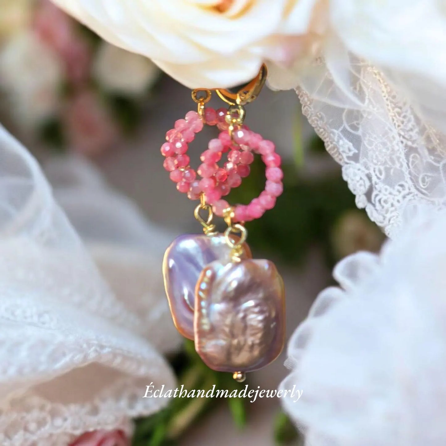 Natural Freshwater Pearl and Mother of Pearl Earrings, Pink Tourmaline Earrings, Gemstone Earrings, Bridal Earrings, Earrings for Women