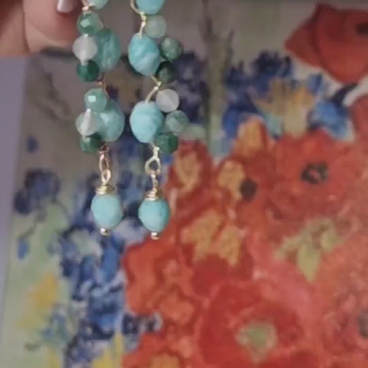 Blue Amazonite Earrings, 14k Gold Dangle Earrings, Tourmaline Jade Earrings, Gemstone Earrings, Multi Stone Earrings, Bridal Earrings