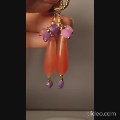 Long Red and Pink Chaceldory Jade Earrings, Amethyst Earrings, Boho Dangle Earrings, Gemstone Earrings, Bridal Earrings, Wedding Earring