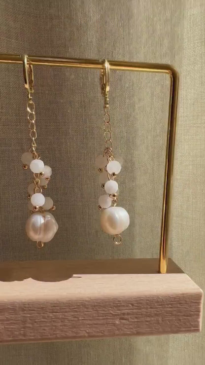 Freshwater Pearl Dangle Earrings, Moonstone Cluster Earrings, 14k Gold Earrings, Gemstone Earrings, Bridal Earrings, Anniversary Earrings
