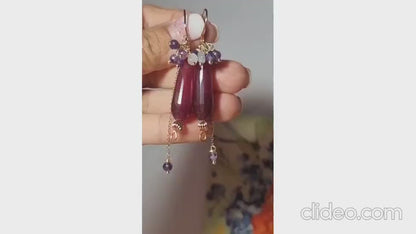 Smoky Rose Quartz Jade Burgundy Earrings, Tourmaline and Amethyst Earrings, Gemstone Earrings, Bridal Earrings, Anniversary Earrings