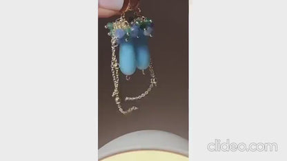 Blue Chalcedony Earrings, Chalcedony Gemstone Earrings, 14k Gold Teardrop Earrings, Green Aventurine Earrings, Tourmaline Cluster Earrings