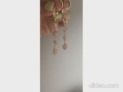 Sunstone Dangle Earrings, Gold Plated Handcrafted Floral Earrings, Beige Earrings, Butterfly Earrings, Birthday Gifts for Her