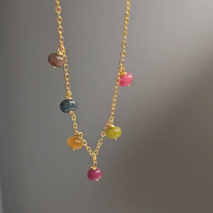 Tourmaline Necklace, Gemstone Jewelry Set, 14k Gold Plated Necklace, Layering Necklace, Natural Gemstone Earrings