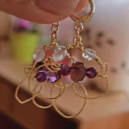 Amethyst Earrings, Amethyst Gemstone Dangle Earrings, Ghost Quartz Earrings, Dark Purple Earrings, 14k Gold Plated Earrings for Women