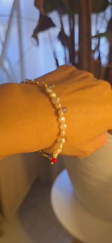 14k Gold-Plated Pearl Bracelet with Colorful Gemstone, Freshwater Pearl Bracelet, Gemstone Bracelet, 14K Gold-Plated