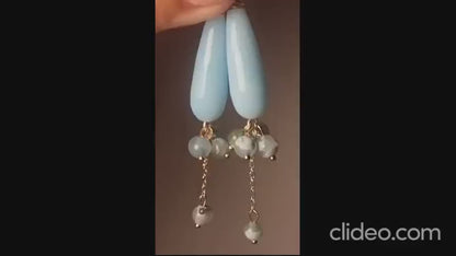 Chalcedony Jade Water Drop Earrings, Blue Fire Dragon Veins Agates Onyx Earrings, Gemstone Earrings, Bridal Earrings, Anniversary Earrings