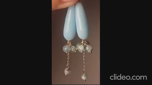 Chalcedony Jade Water Drop Earrings, Blue Fire Dragon Veins Agates Onyx Earrings, Gemstone Earrings, Bridal Earrings, Anniversary Earrings