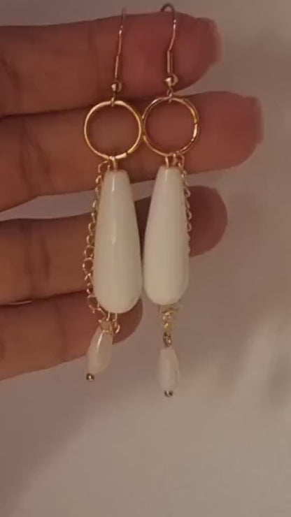 White Jade Earrings, Mother of Pearl Dangle Earrings, Teardrop Earrings, Bridal Earrings, Gemstone Jewelry, Drop Earrings for Women