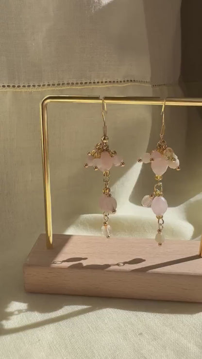 Rose Quartz and Moonstone Earrings, Gemstone Earrings, Cluster Earrings, Gold Dangle Earrings, Bridal Earrings, Wedding Earrings for Her