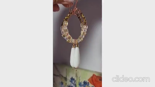 White Jade Teardrop Earrings, Dangle Drop Earrings, Crystal Cube Earrings, Hoop Earrings for Women, Bridal Earrings, Gemstone Jewelry