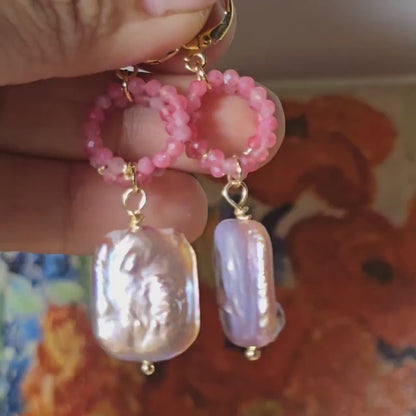 Natural Freshwater Pearl and Mother of Pearl Earrings, Pink Tourmaline Earrings, Gemstone Earrings, Bridal Earrings, Earrings for Women