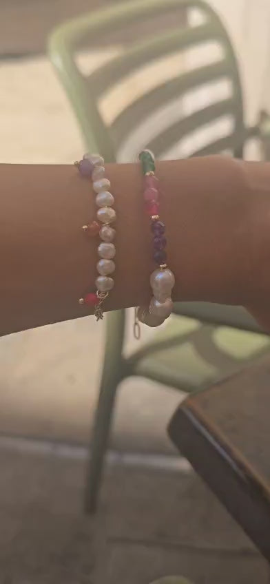 Freshwater Pearl Bracelet with Amerryt, Rose Quartz & Green Aventurine, 14k Gold-Plated Bracelet