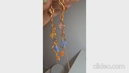 Multi Gemstone Earrings, Spiral Dangle Earrings, 18k Gold Plated Earrings, Cute Simple Earrings, Boho Earrings, Statement Earrings for Women